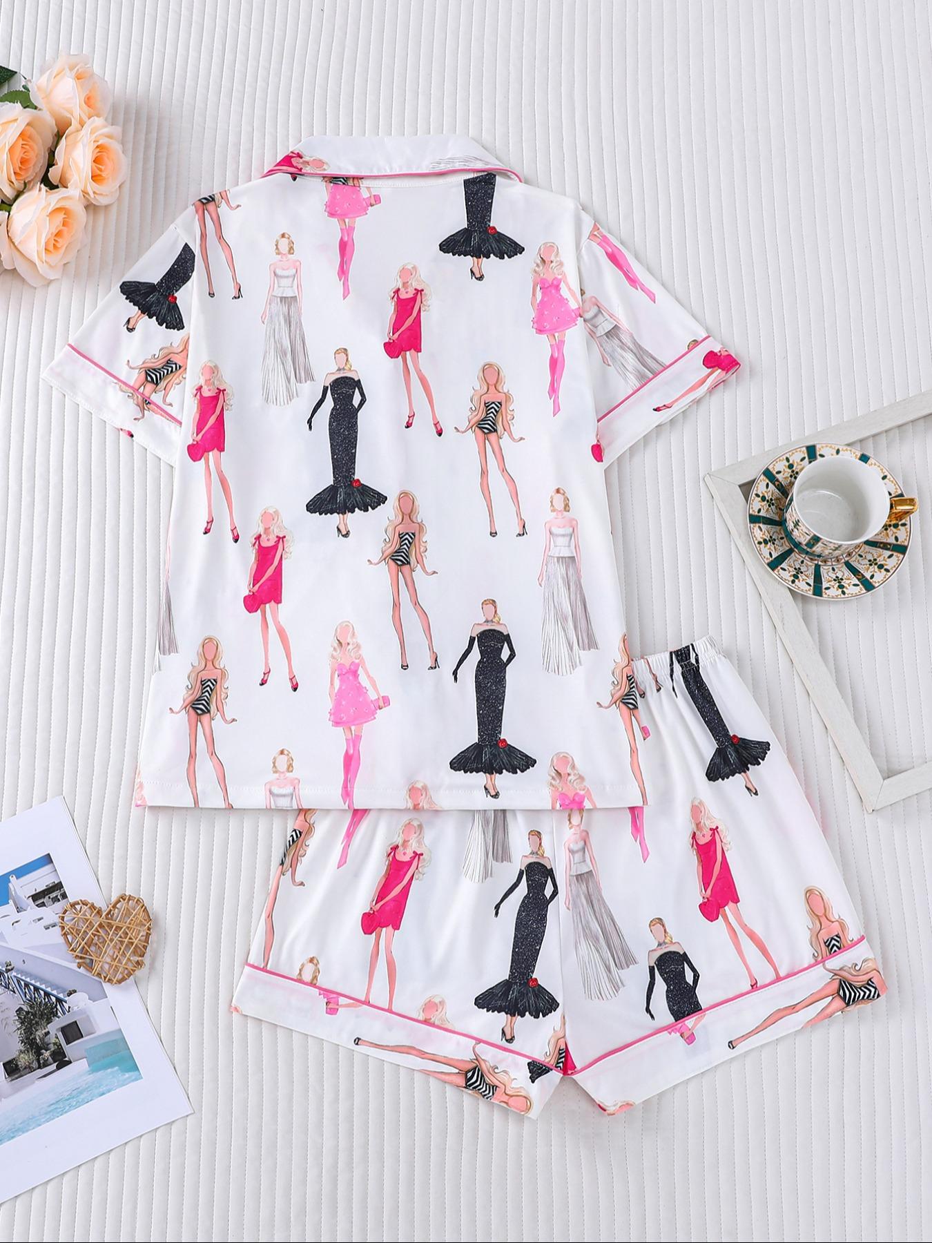 The Eras Tour Film Pajama Women's Sleepwear Set, Short Sleeve Button Front Soft Top & Elastic Shorts, Casual Home Wear, Loungewear, Comfortable Daily, Everyday, Pjs