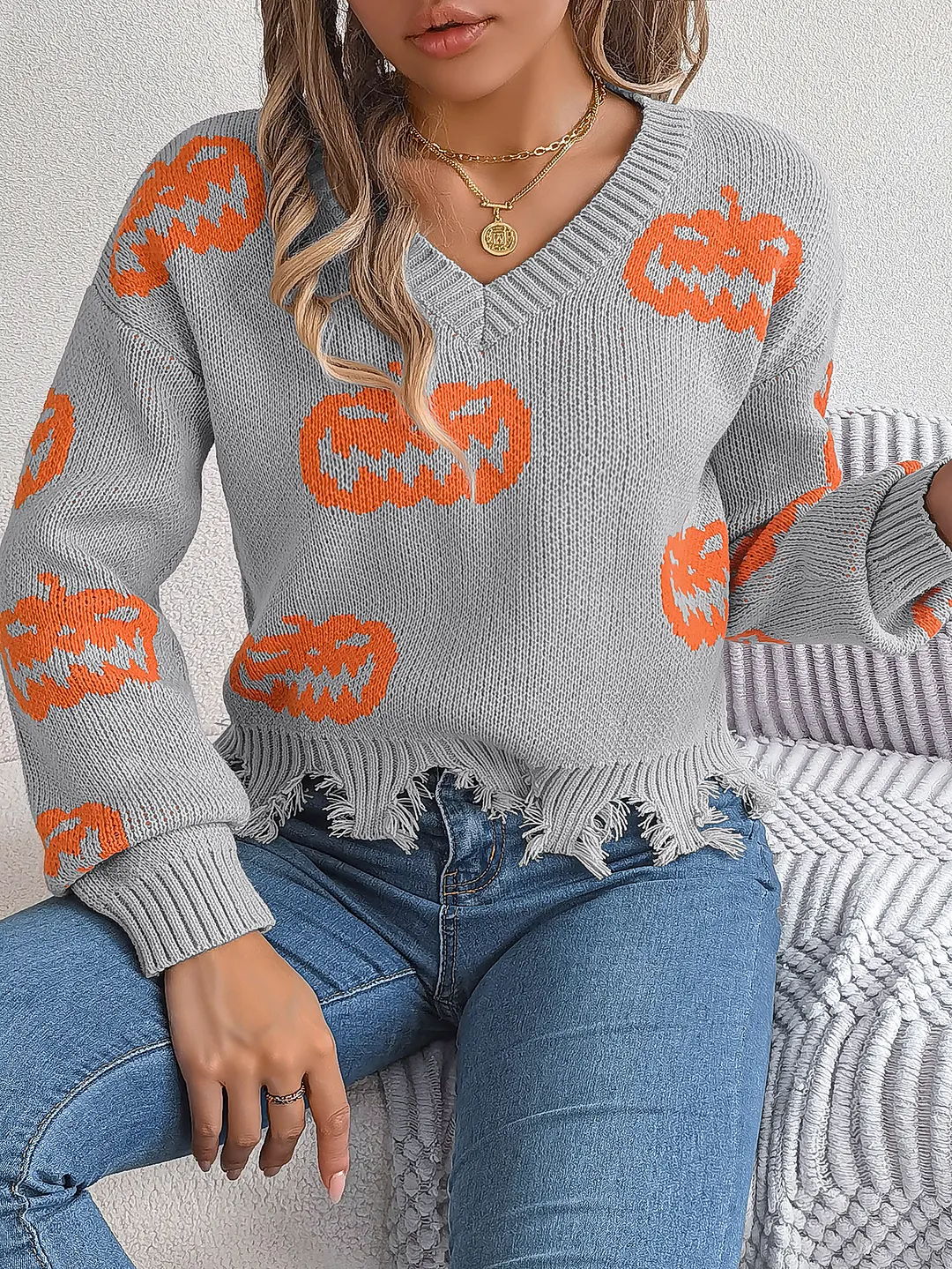 Women Halloween Pumpkin Jacquard V Neck Fringe Hem Knit Sweater