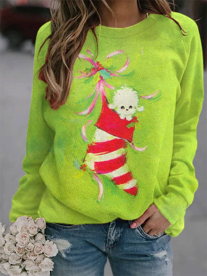 Women's Vintage Christmas Puppy Print Casual Sweatshirt