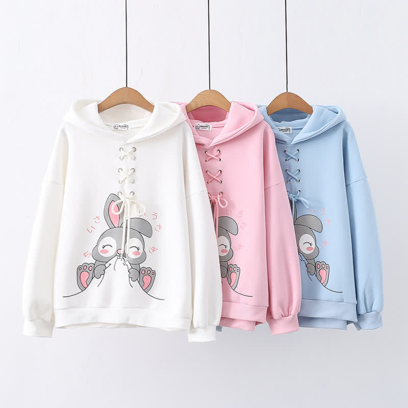 Cartoon Rabbit Print Lace Up Loose Plush Hoodie