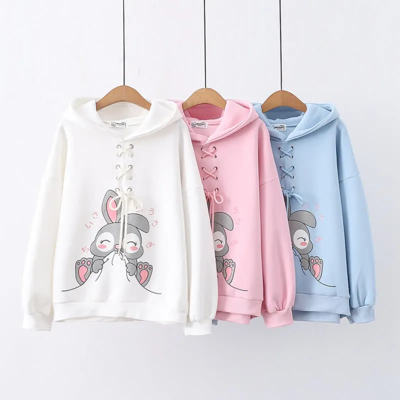 Cartoon Rabbit Print Lace Up Loose Plush Hoodie