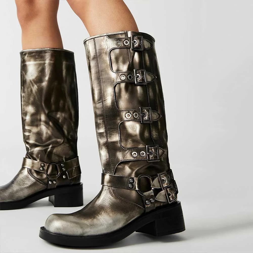 Silver Distressed Buckle Biker Knee High Boots with Chunky Heels