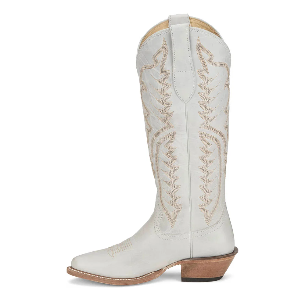 White Round Toe Chunky Heel Knee-High Cowgirl Boots with Embroidery