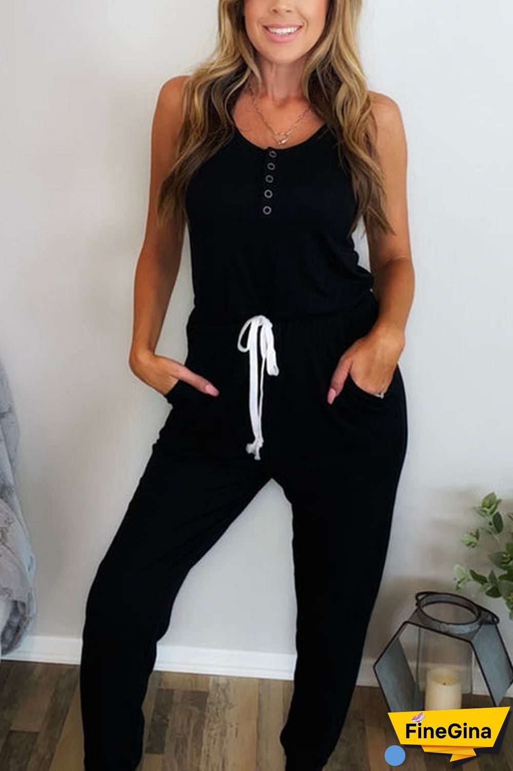Button Sleeveless Drawstring Jumpsuits
