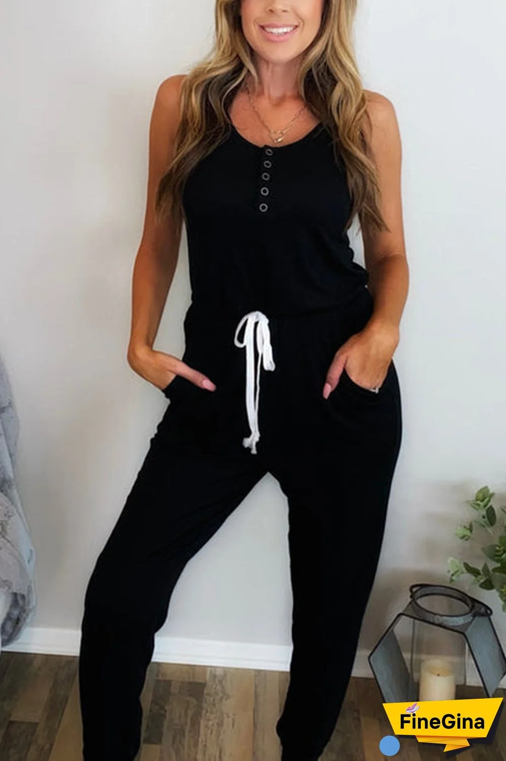 Button Sleeveless Drawstring Jumpsuits