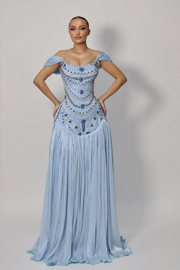 Off-the-Shoulder Strapless Short Sleeves High-Waisted Long A-Line Prom Dress With Pleated And Rhinestones | LR0173 Wellcucu