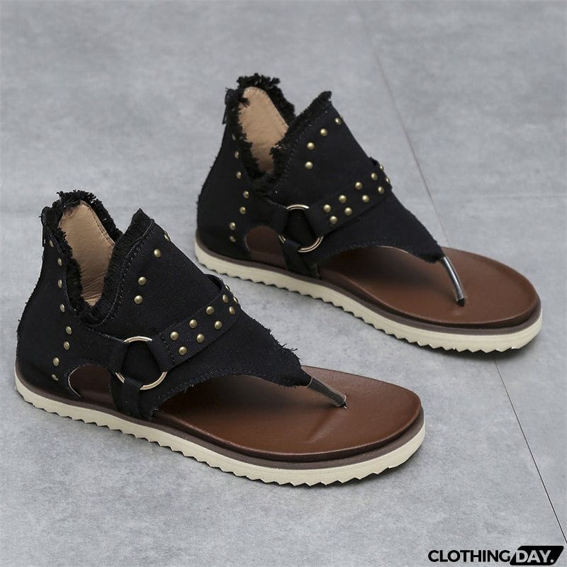 Trendy Metal Rivets Flat Zipper Roman Sandals for Lady