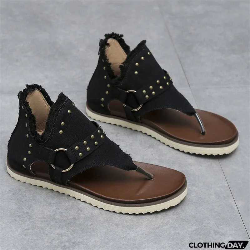 Trendy Metal Rivets Flat Zipper Roman Sandals for Lady