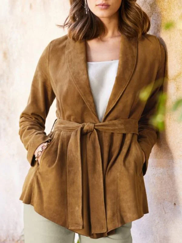 Mayoulove Shawl collar khaki autumn coat-Mayoulove
