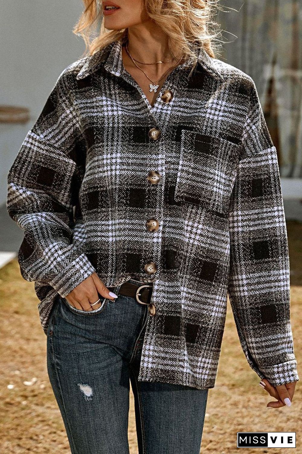Casual Plaid Print Long Sleeve Coat