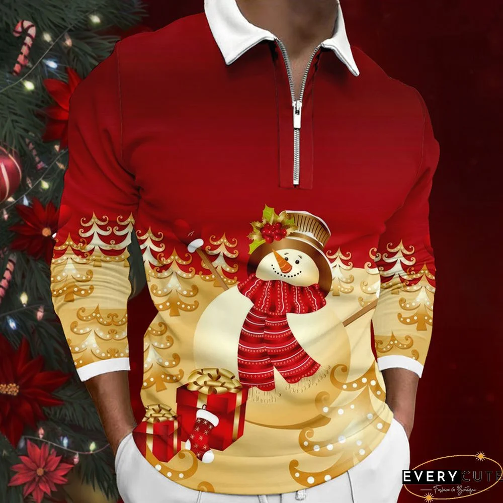 Christmas Snowman Santa Claus Half-Zip Collar Long Sleeve Polo Shirt