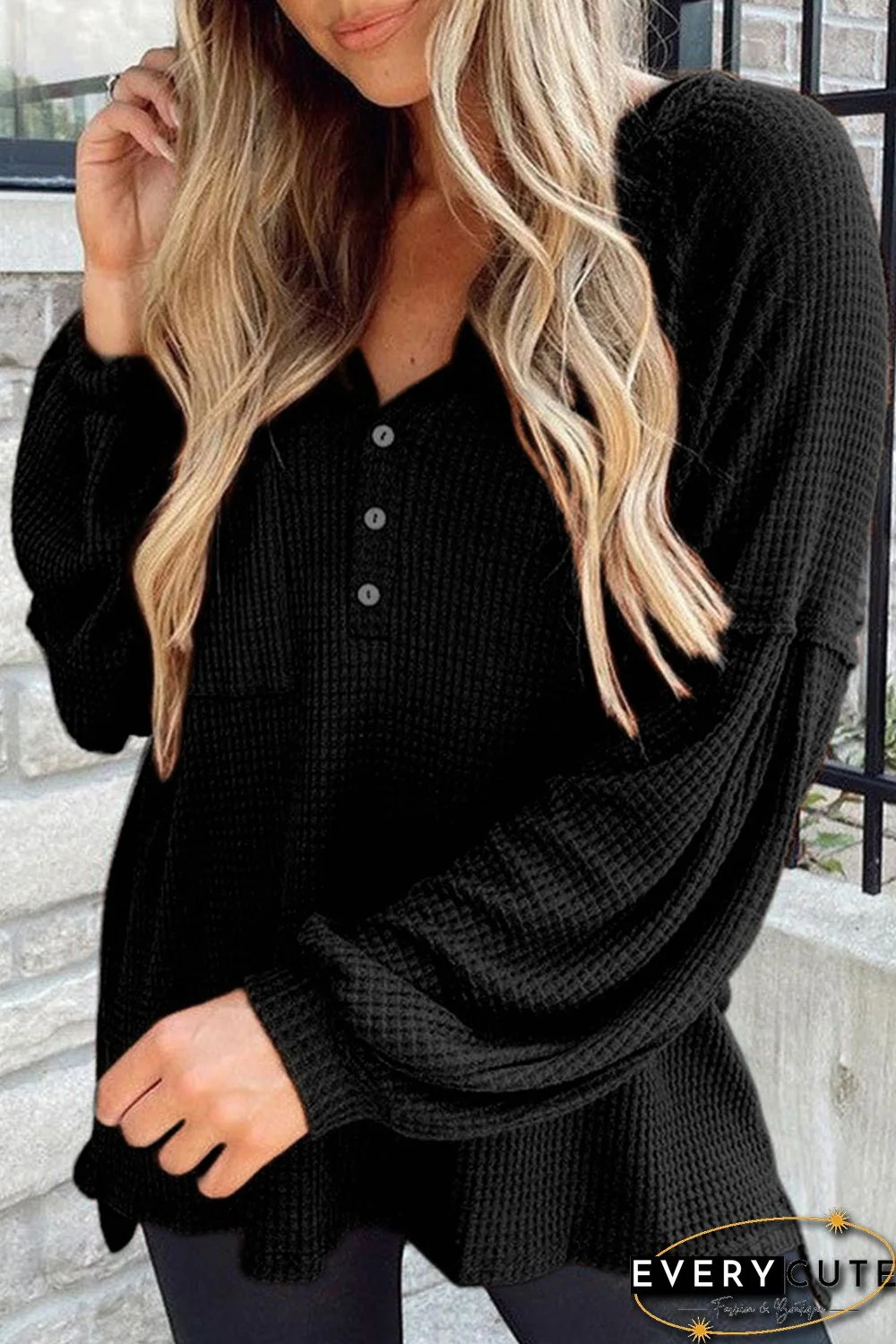 Black Buttoned V Neck Drop Shoulder Waffle Knit Top