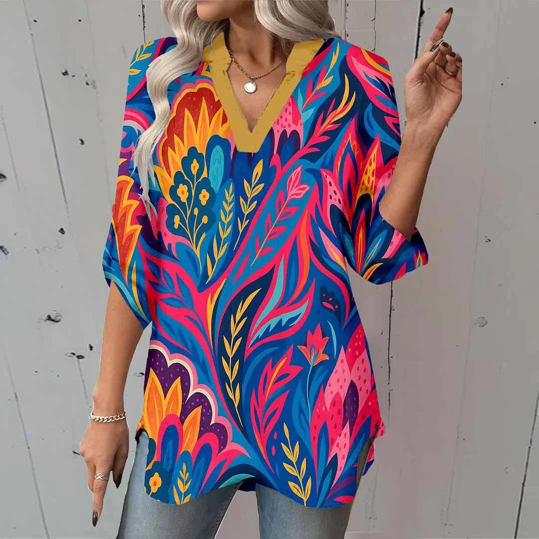 Women Tropical, Red, Blue DZGA0104 3/4 Sleeve V-neck Printed Graphic Button Tops