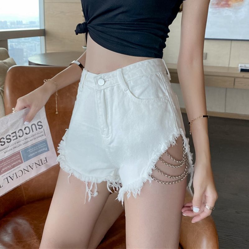 2025 New Women's High Waist Sexy Chain Denim Jeans Shorts Nightclub White Blue