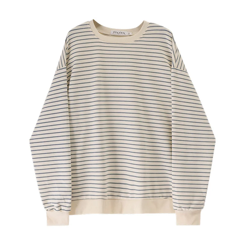 Brownm Brownm Female Early Autumn 2024 New Korean Version Loose Design Sense Striped Top Round Collar Long-Sleeved T-Shirt Tide