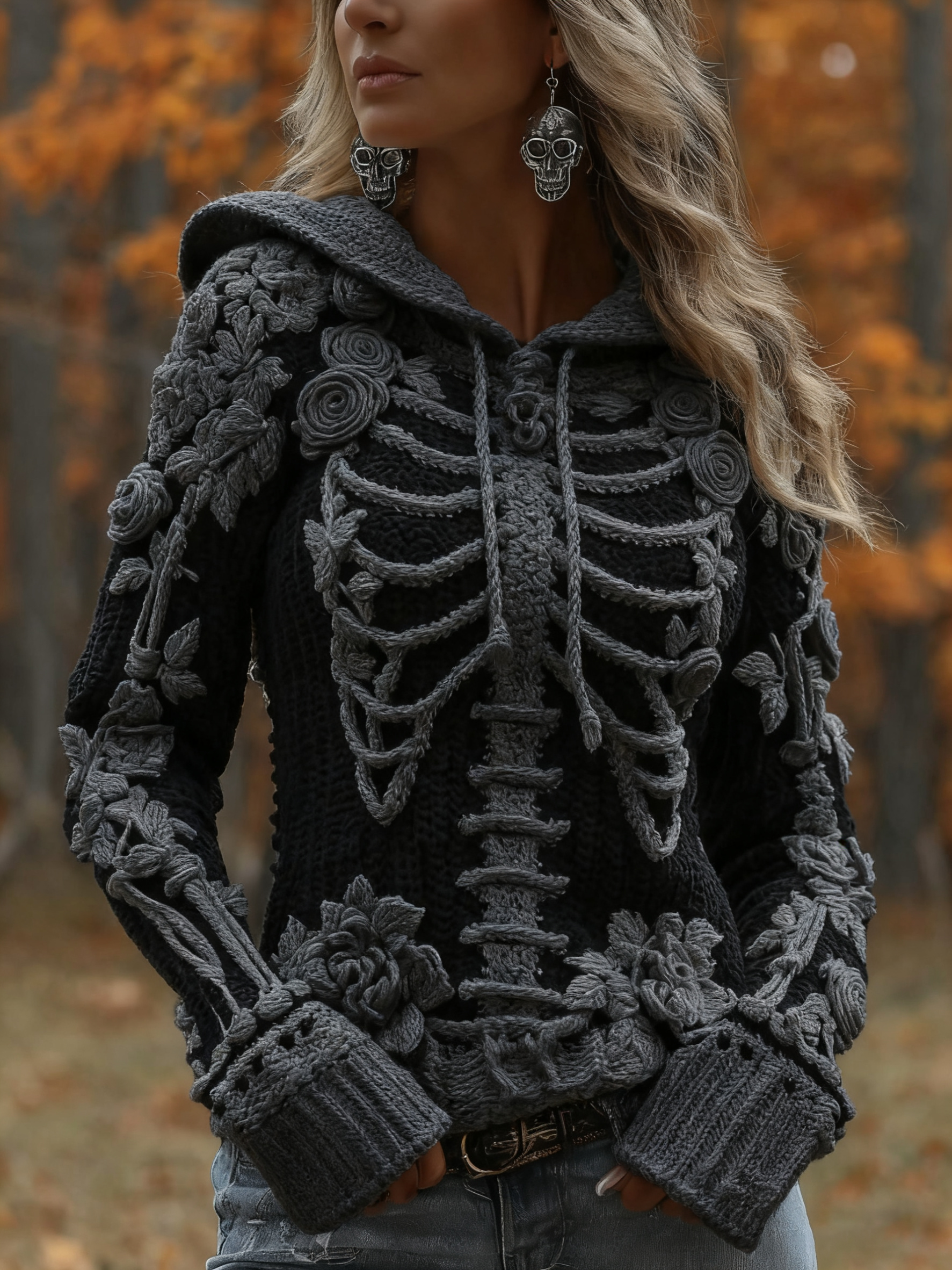 Women's Halloween Skeleton Bones With Roses Art Knitted Warm Hooded Sweater wearshes