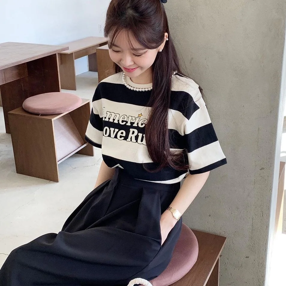 Toloer Toloer Chic Summer French Print Loose Casual Short-Sleeved T-Shirt-Outfit Ideas