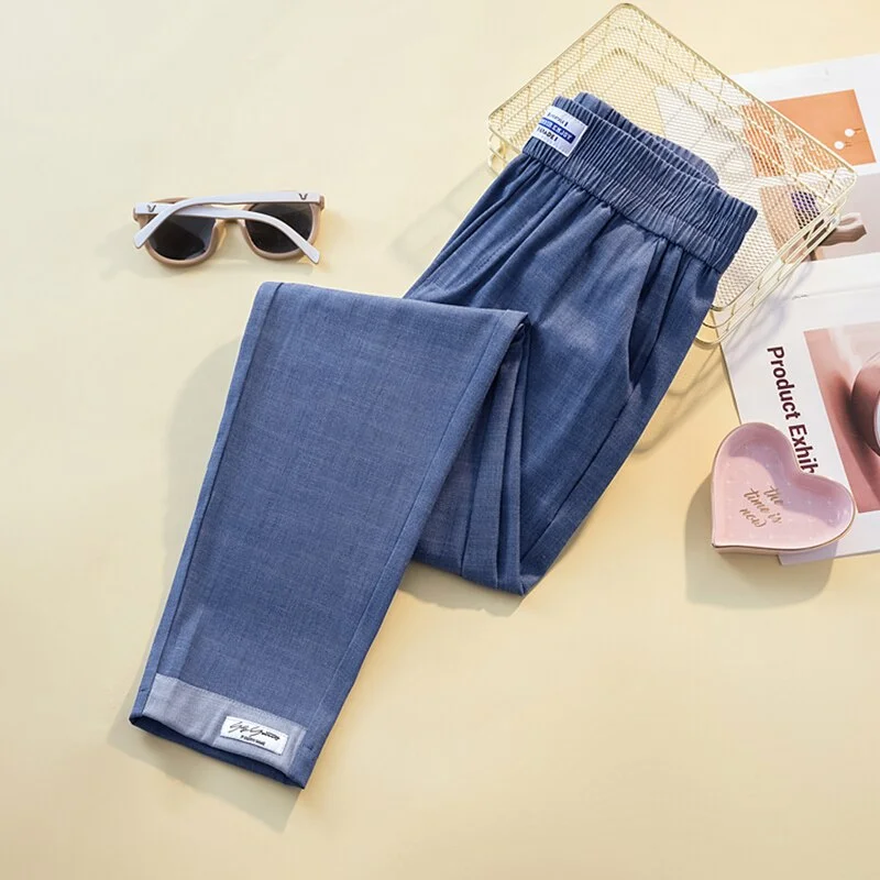 Patches Ice Silk Jeans Women Summer Thin Elastic Waist Ankle Length Loose Casual Denim Pants Female Jeans Pantalon De Mu. Viewer