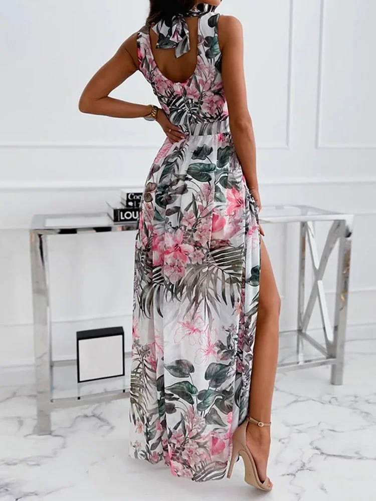 Elegant Long Dresses For Women Party Female Sexy V Neck Retro Print Maxi Dress Spring Summer Sleeveless Streetwear Loose Dresses