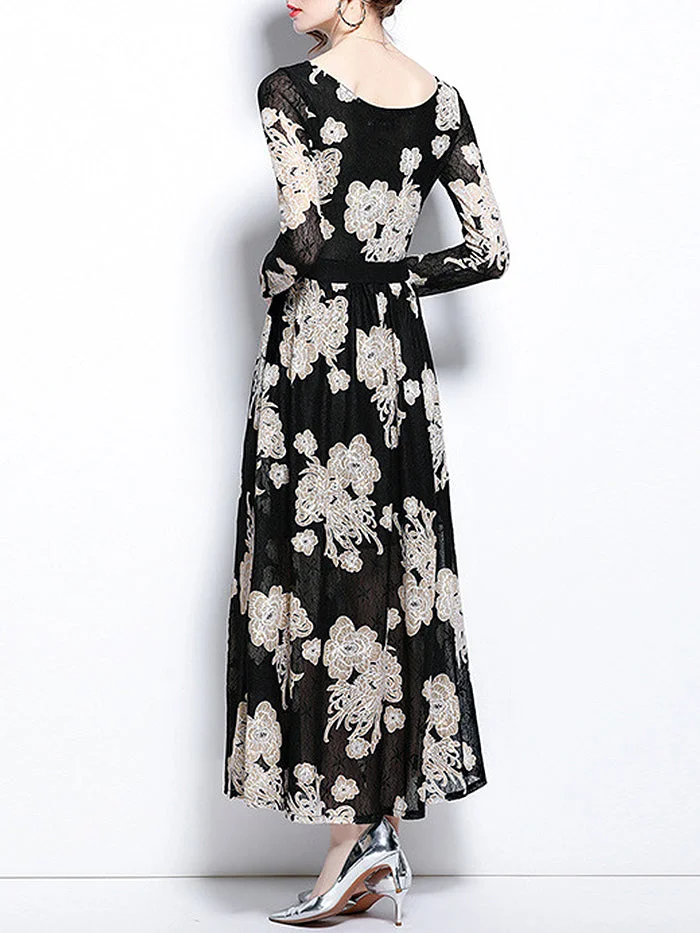 Lace Embroidery Long-sleeved A-line Dress