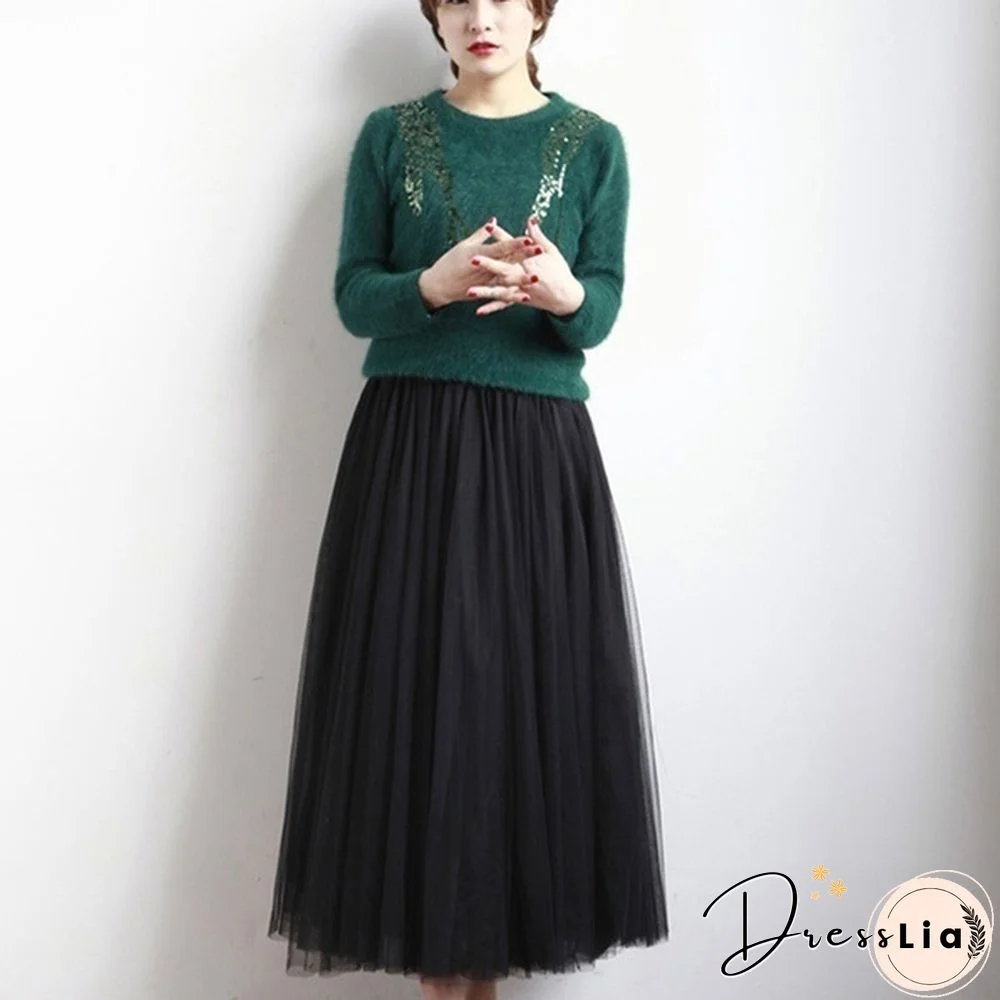 Three-Layer Fashion Tulle Skirts Women Summer Elastic High Waist Long Mesh Skirt Maxi Pleated Skirt
