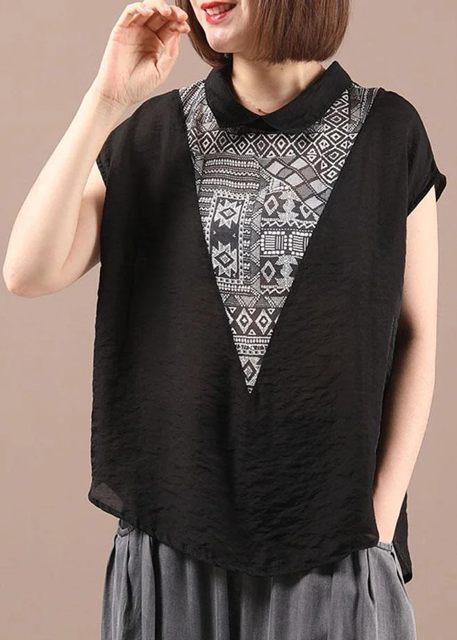 Women Black Patchwork Print Summer Casual Top Sleeveless