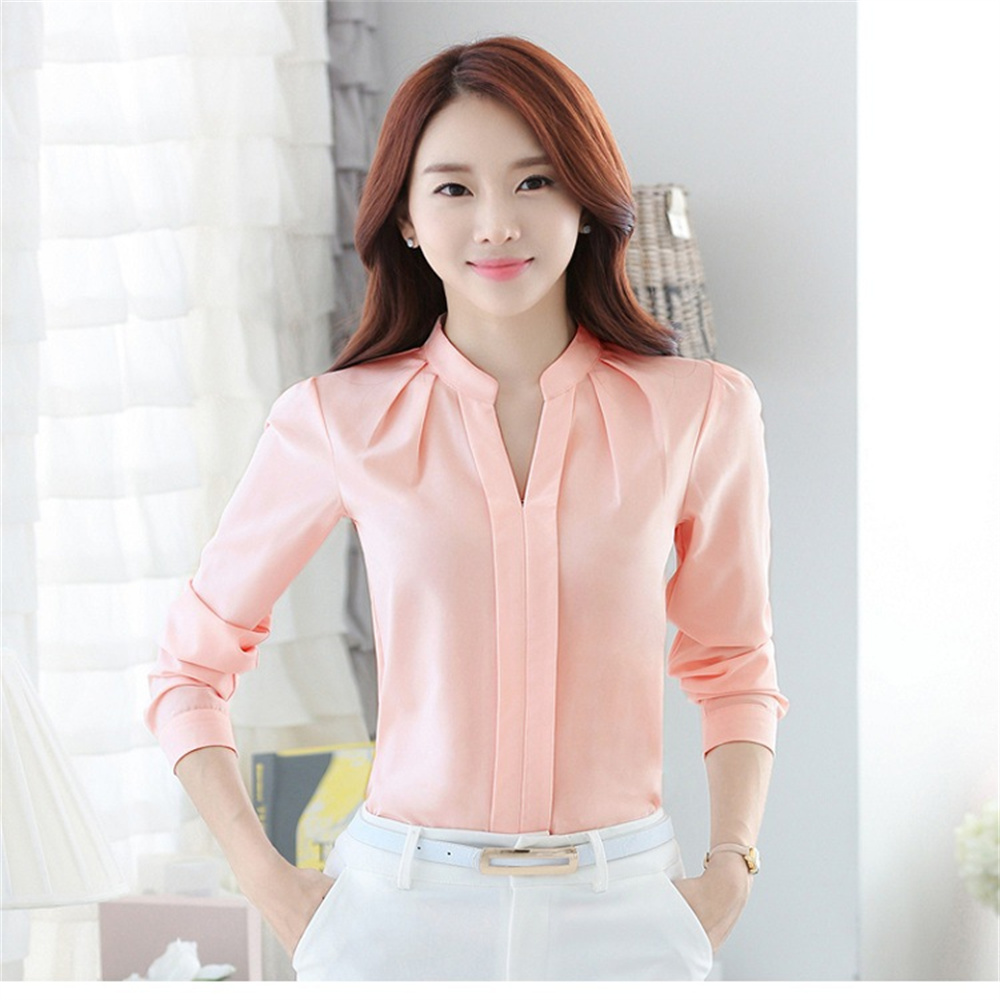 Txplogictic Female Blusas Mujer 2025 Spring Fashion V-neck Office Ladies Tops Solid Pink Blouse Women Long Sleeve Women Shirts Women Blouses
