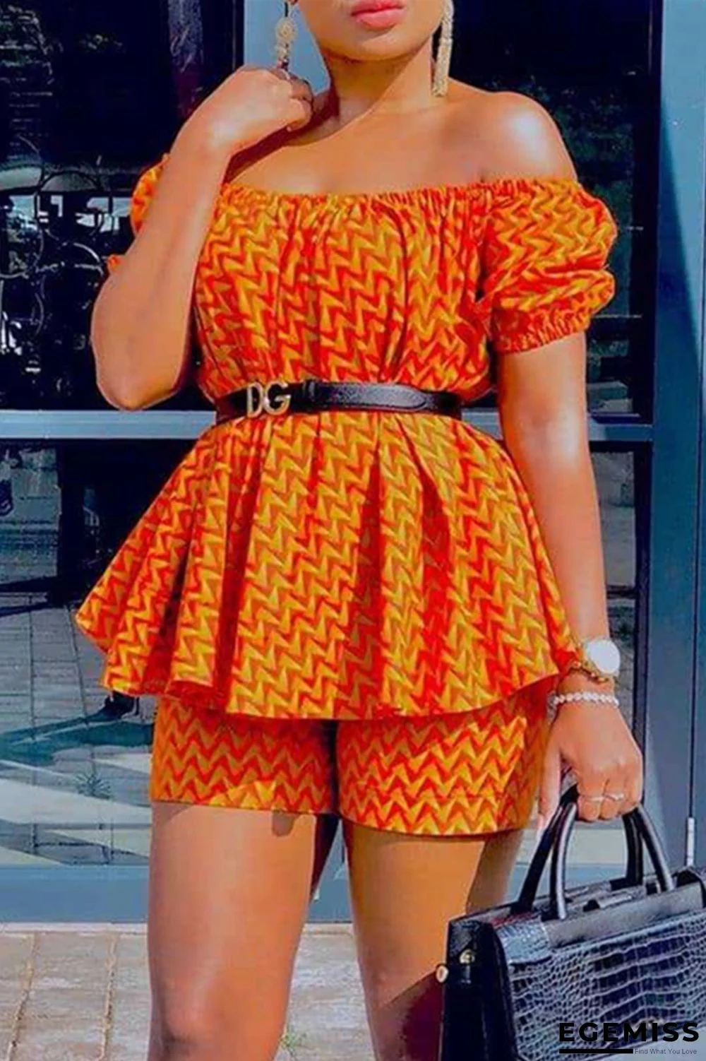 Orange Fashion Casual Print Without Belt Spaghetti Strap Short Sleeve Two Pieces | EGEMISS