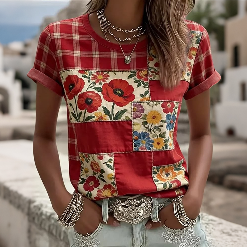 Comstylish Women's Retro Plaid With Floral Patchwork Art Print Casual Short-sleeve V-neck T-shirt