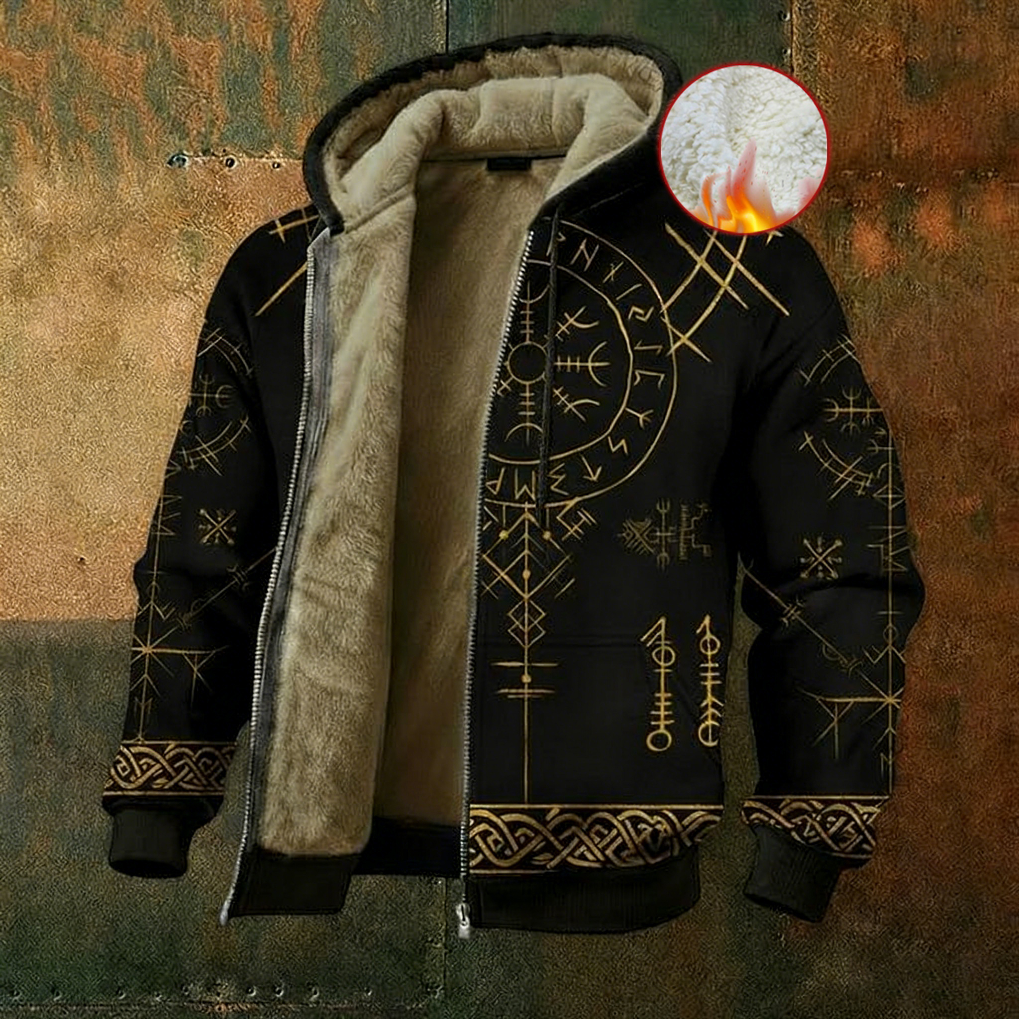 Men's Viking Style Vegv&iacute;sir Rune Pattern Zipper Jacket elevenforest