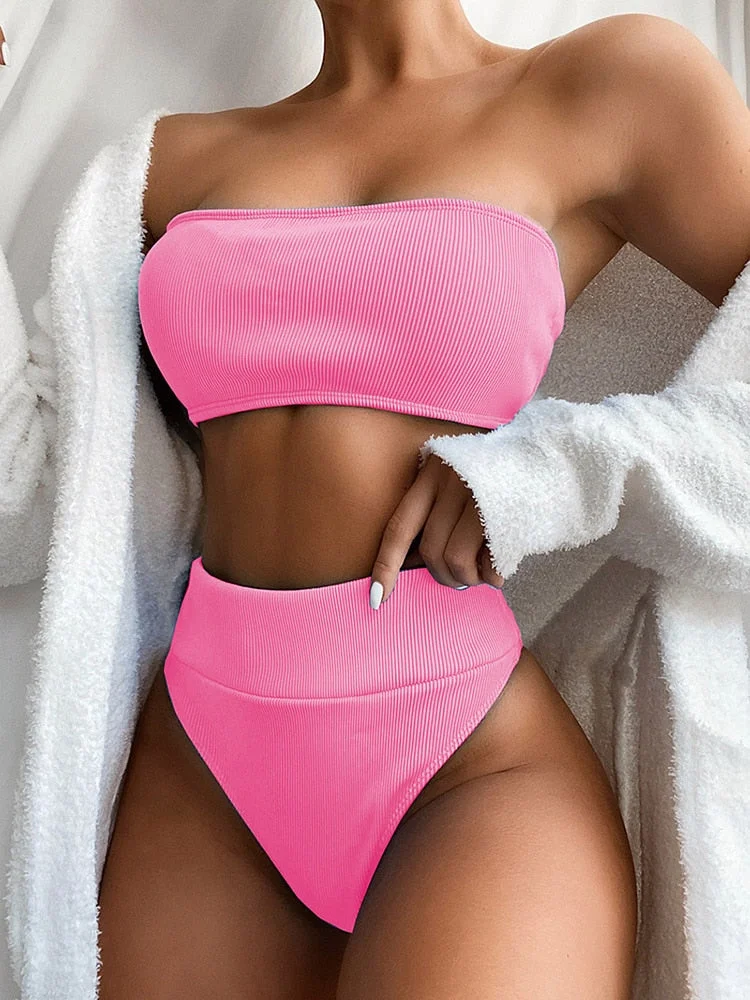 INGAGA High Waist Bikinis Sexy Bandeau Swimsuits Ribbed Swimwear Women Solid Biquini High Cut Bathing Suit Women 2022 Beachwear
