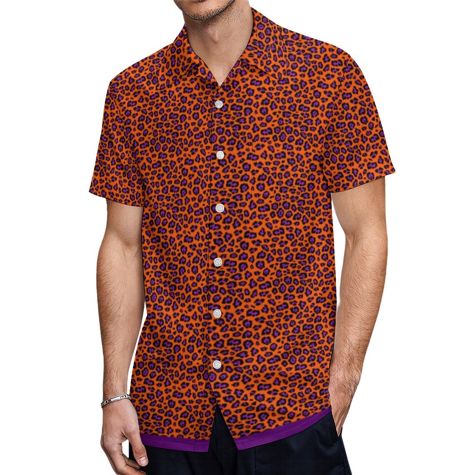 Leopard Print Pattern Orange Purple Womens Hawaiian Shirt Mens Button Down Tropical Hawaii Beach Shirts