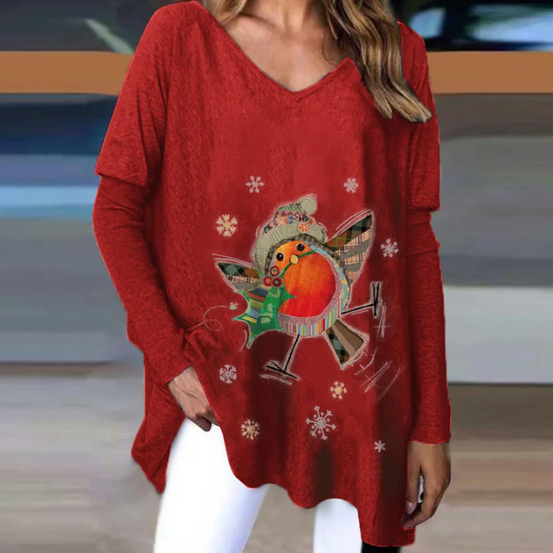 Red Women's Lovely Bird Snowflake Printed V-neck T-shirt