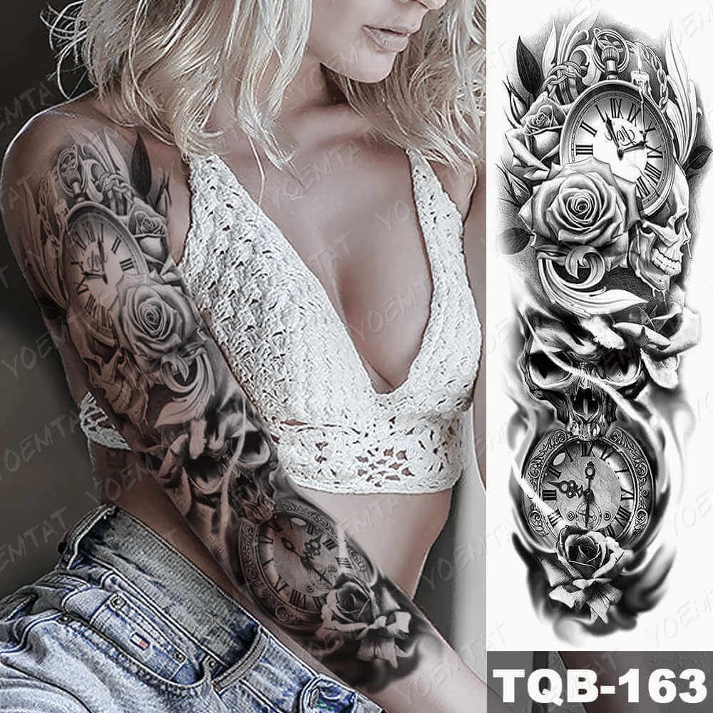 Gingf Arm Sleeve Tattoo Clocks Rose Eye Lion Waterproof Temporary Tatto Sticker Flower Time Body Art Full Fake Tatoo Women Men