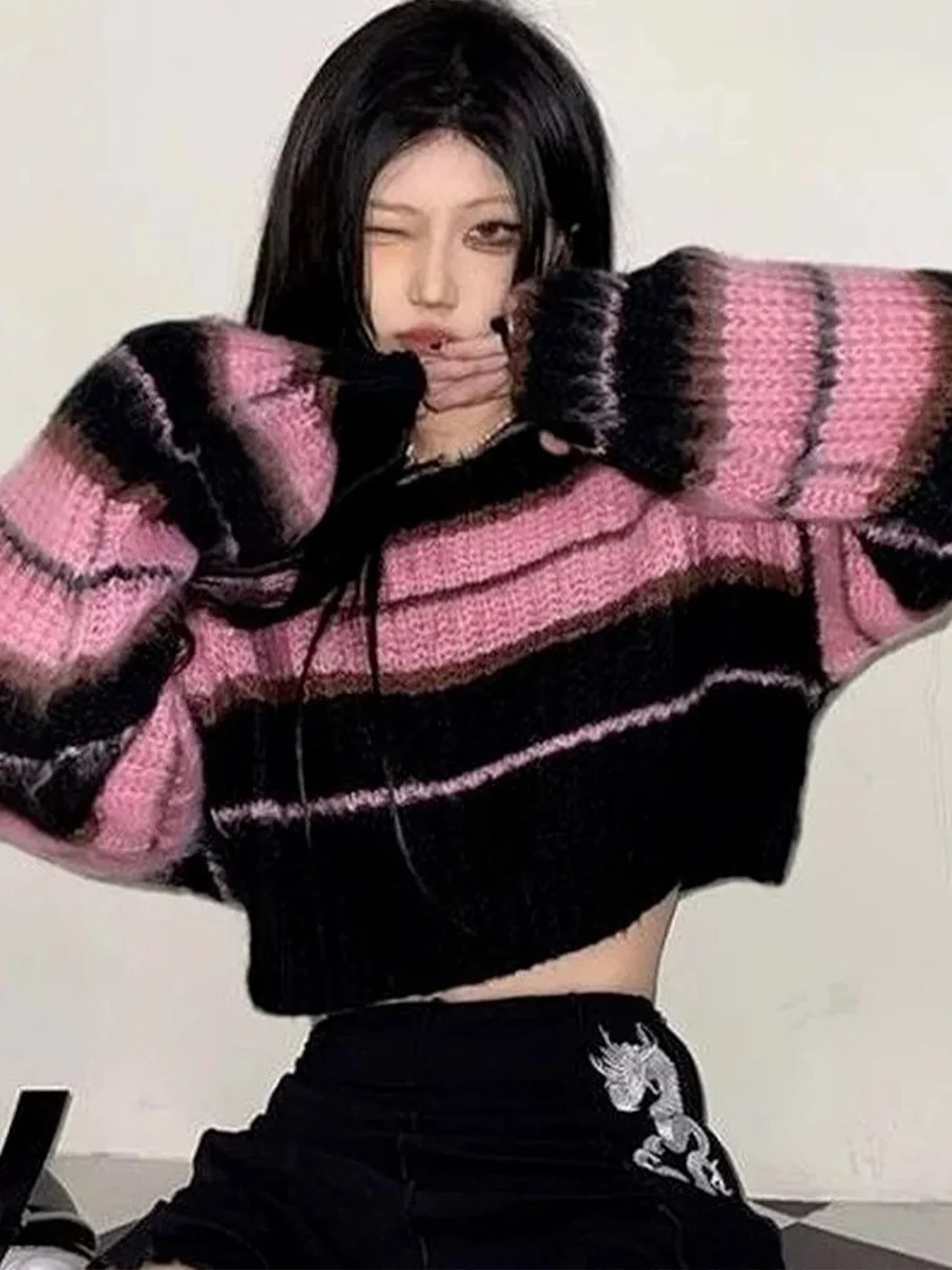 Y2K Korean Style Pink Cropped Sweater / DarkAcademias /Darkacademias