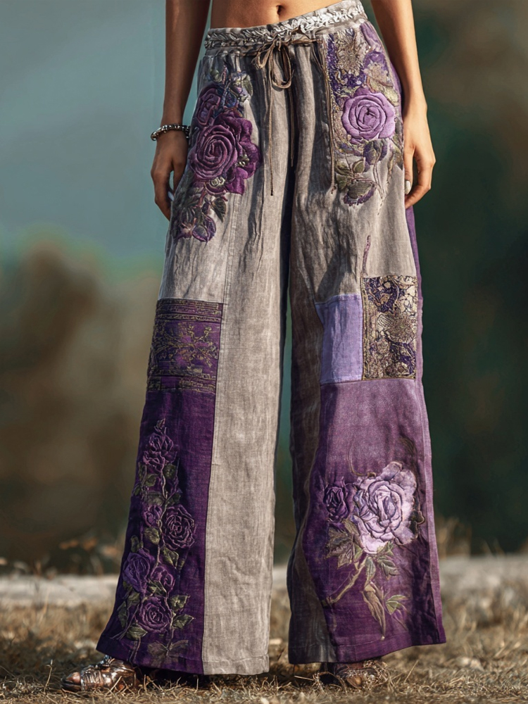 Comstylish Purple Roses Embroidered Patchwork Comfy Linen Pants