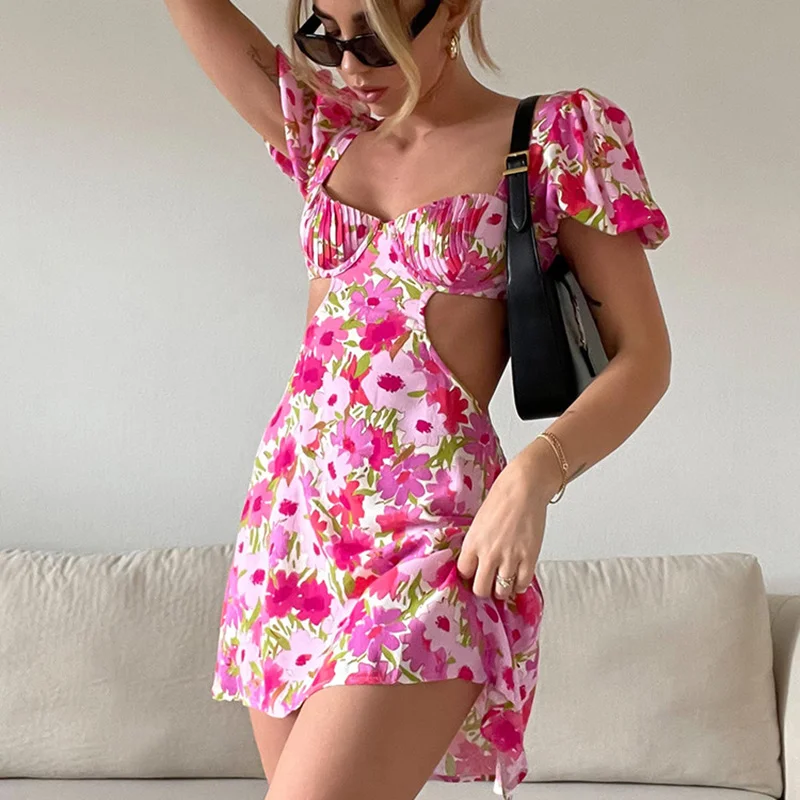 Women Puff Sleeve Party Bodycon Floral Print Sexy Hollow Out Backless Bandage A-line Mini Dress 