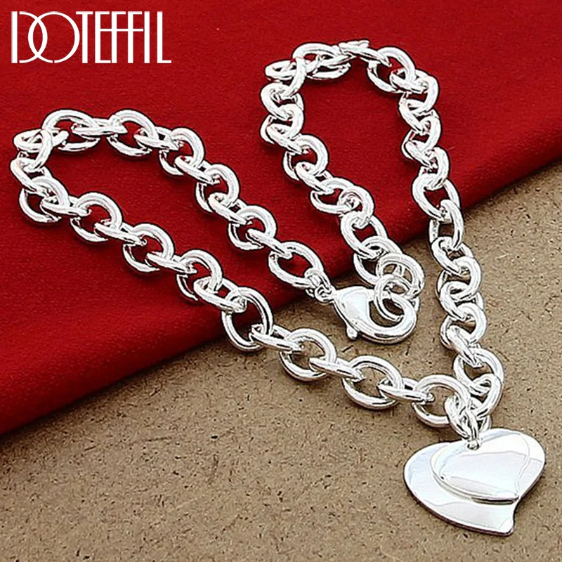 DOTEFFIL 925 Sterling Silver Double Heart Pendant 18 Inch Chain Necklace For Women Jewelry