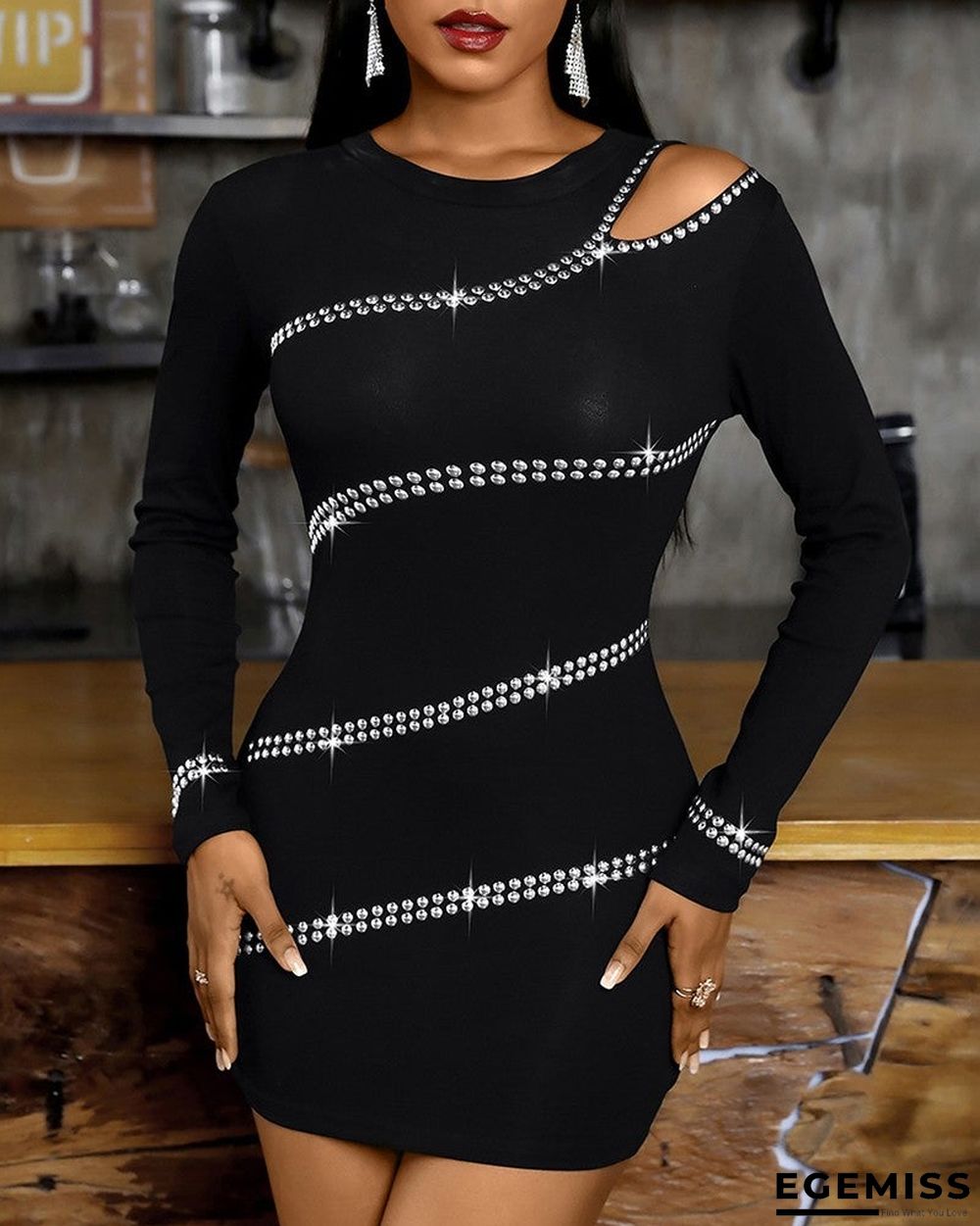Cutout Rhinestone Decor Long Sleeve Bodycon Dress Black Dresses | EGEMISS