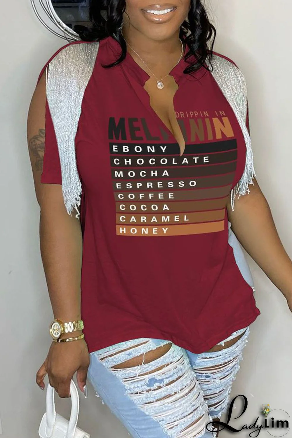 Rose Red Casual Letter Print Tassel Patchwork V Neck T-Shirts