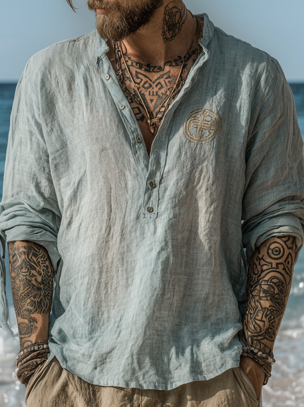 Men's Viking-Inspired Long Sleeve Linen Henley Shirt / Rvogue / Rvogue