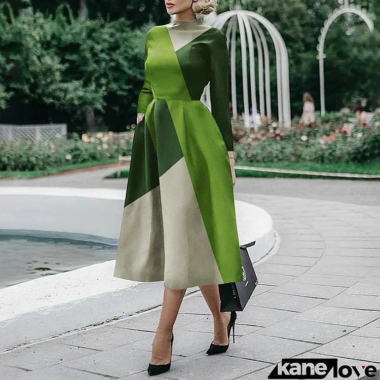 Women Vintage Elegant Color Blocking Long Sleeve Defined Waist Swing Midi Dress