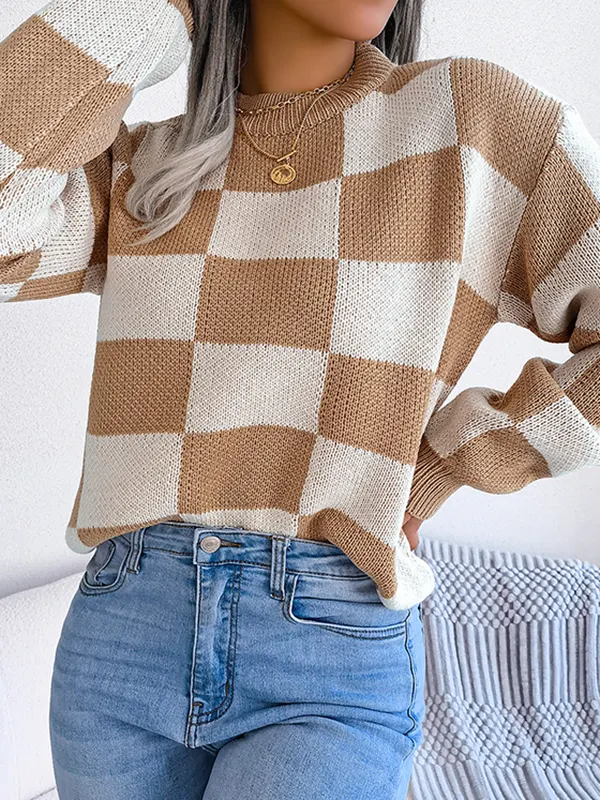 Contrast Color Plaid Long Sleeves Loose Round-Neck Sweater Tops