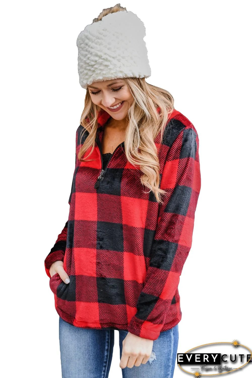 Red Plaid Print 1/4 Zip Turn-down Collar Sweatshirt