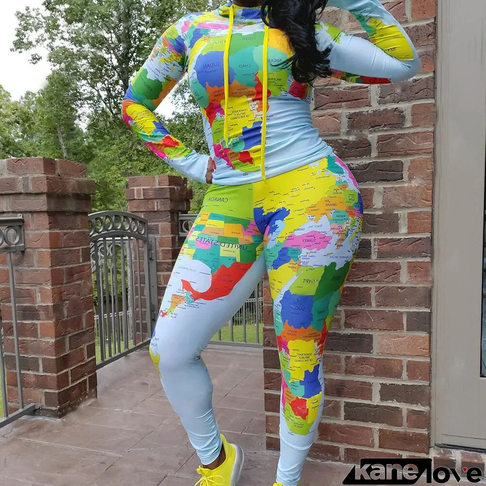 Plus Size 4XL Map Print Tracksuit Long Sleeve Top And Pants Two Piece Set