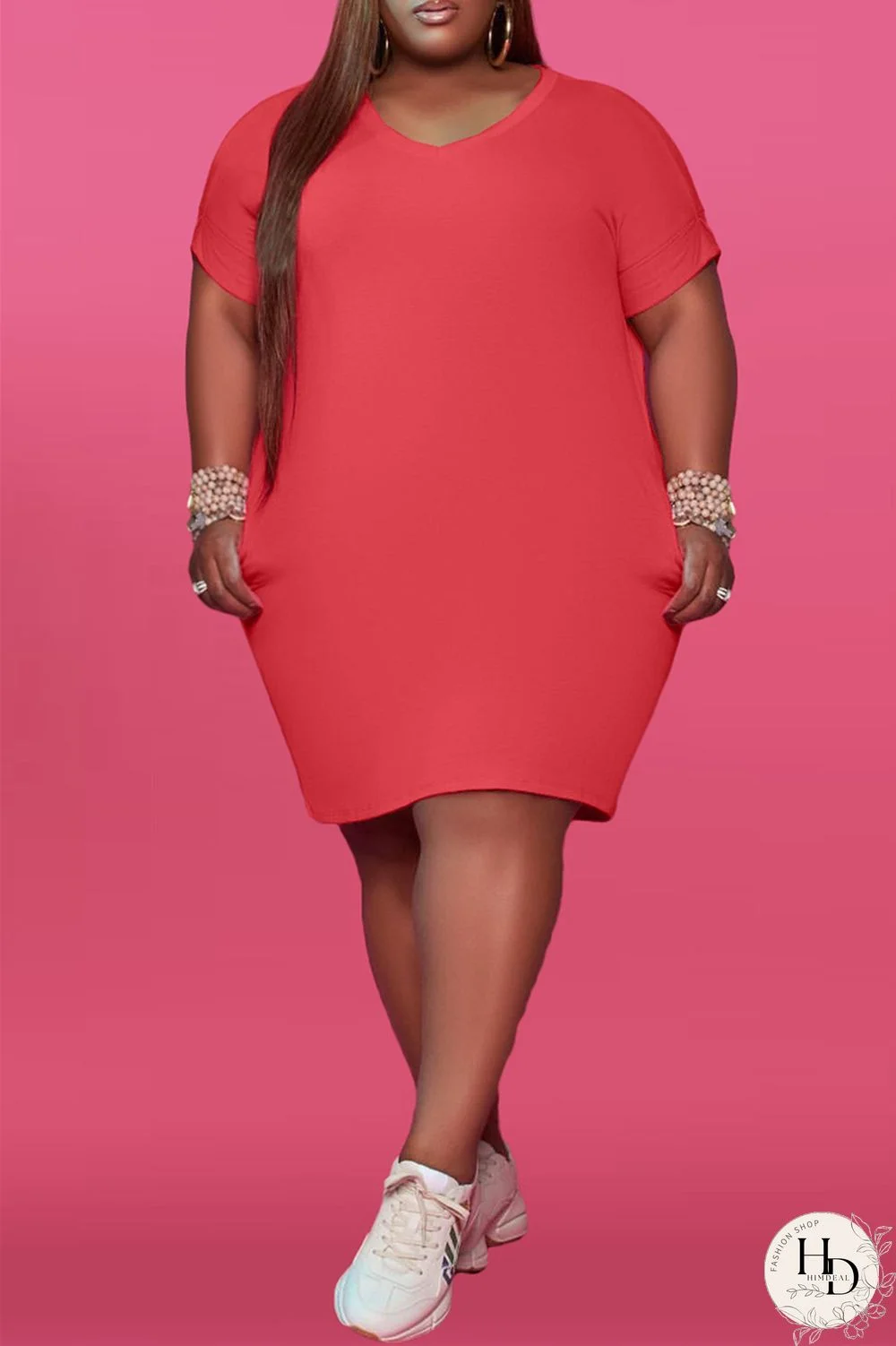 Red Fashion Casual Plus Size Solid Basic V Neck Short Sleeve Dress