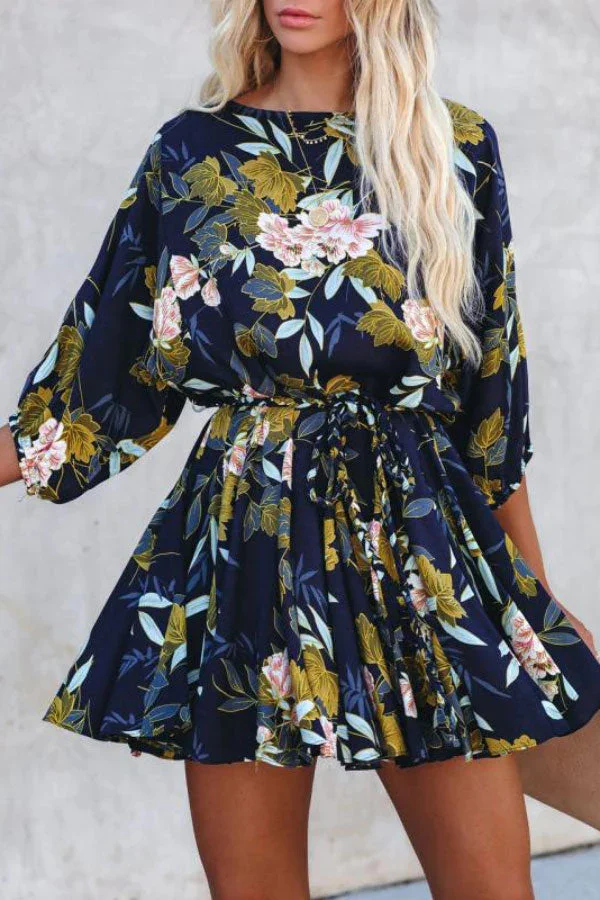 Trendy Flower Print Tie 3/4 Sleeve Mini Dress