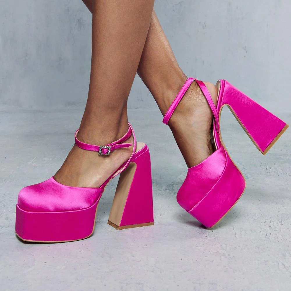 Square Toe Satin Pumps With Platform Ankle Strap Slingback Chunky Heel Pumps Nicepairs
