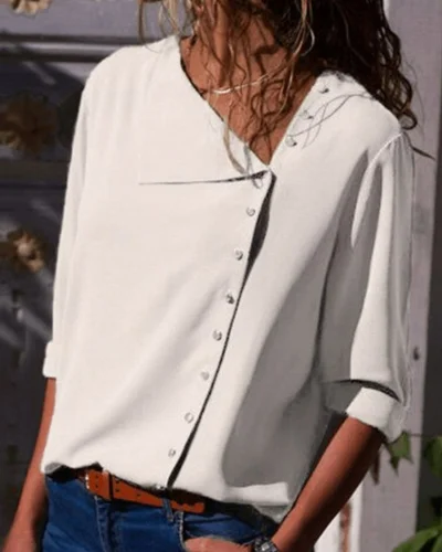 Shift Long Sleeve Casual Solid Buttoned Blouse