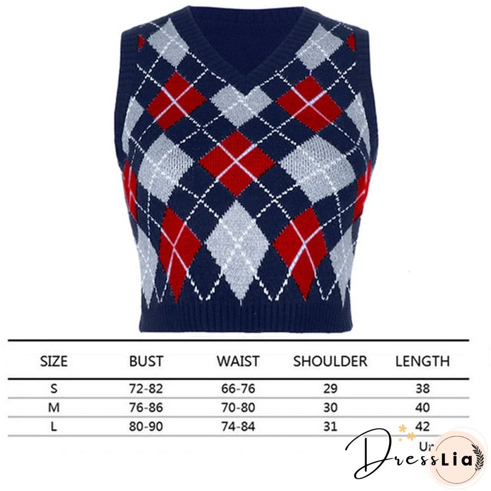 V Neck Vintage Argyle Sweater Vest Women Black Sleeveless Plaid Knitted Crop Sweaters Casual Autumn Preppy Style tops
